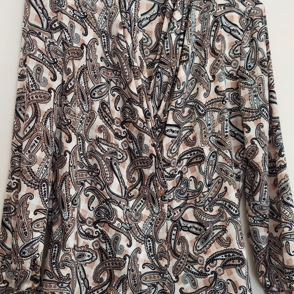 Paisley Ruffle V-Neck Blouse in Beige and Black